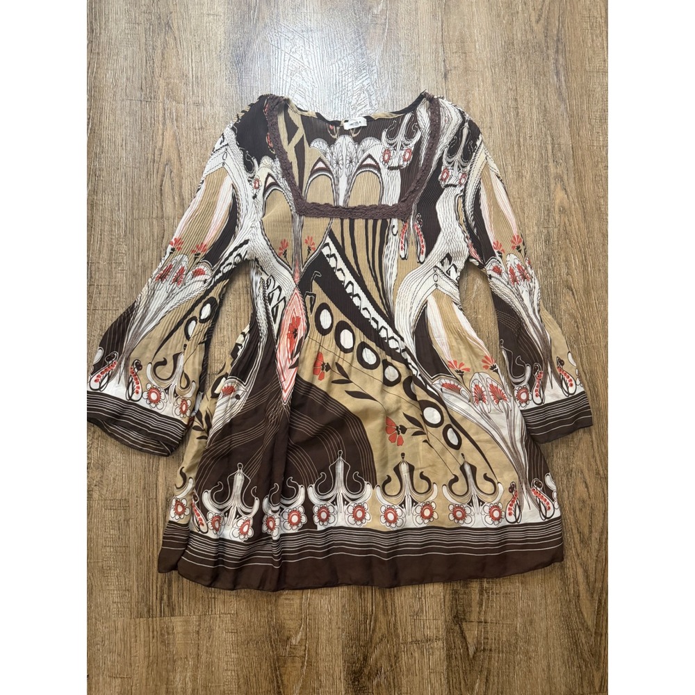 Nicola Woman Brown Tan Abstract Geometric Square Neck Tunic Top Small